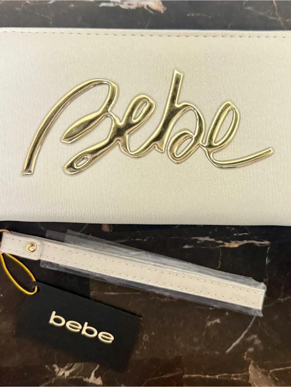 Bebe off White Wristlet Clutch with Gold Logo Accent